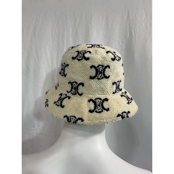 Celine Terry White Terry Cloth Bucket Hat With All-Over Triomphe Motif Size M - Picture 3 of 5